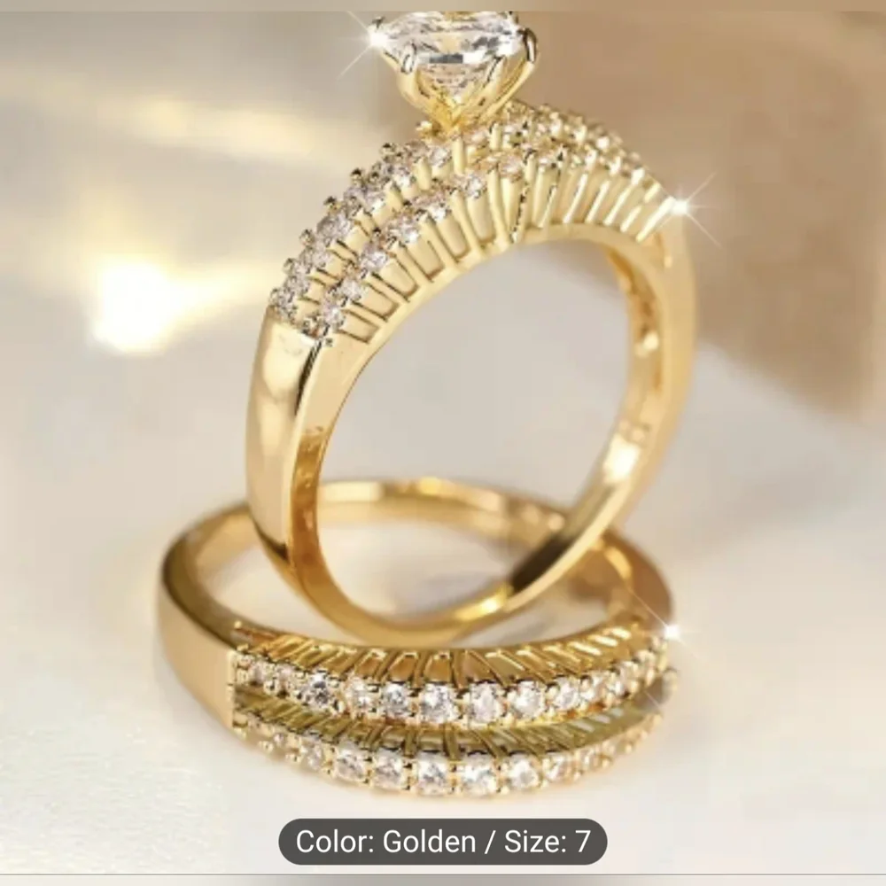 Gold Tone CZ Engagement Ring & Wedding Band Set – Size 7, T2B4K